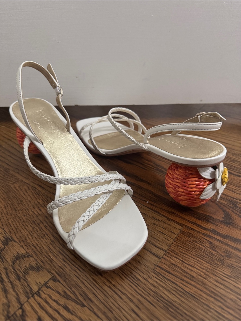 kate spade White Braided-Strap Sandals with Orange Woven Ball Heel